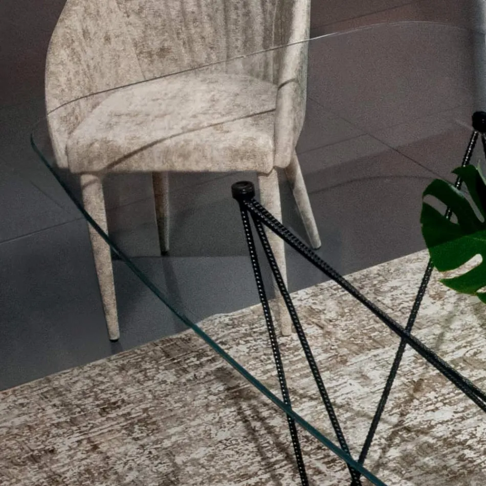 Table fixe avec plateau en verre en forme de tonneau et base en acier fabriquée en Italie - Ezzellino Viadurini