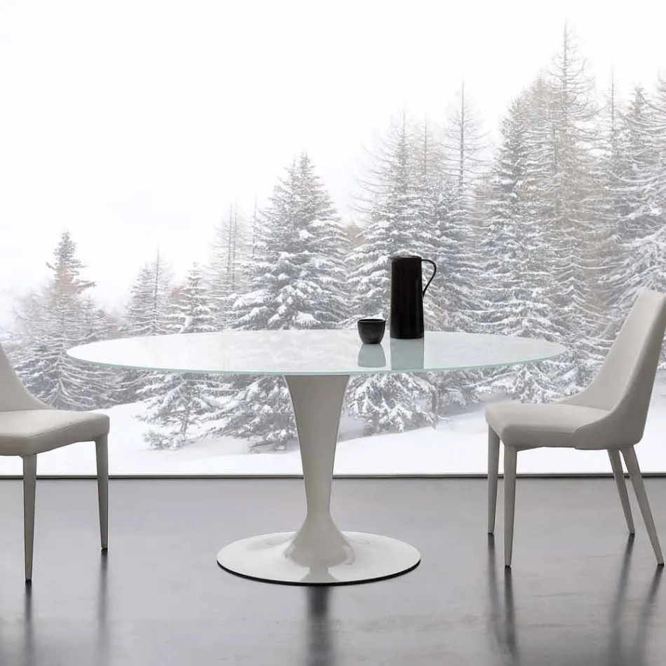 Table elliptique fixe en verre trempé extra-blanc et acier Aurora Viadurini