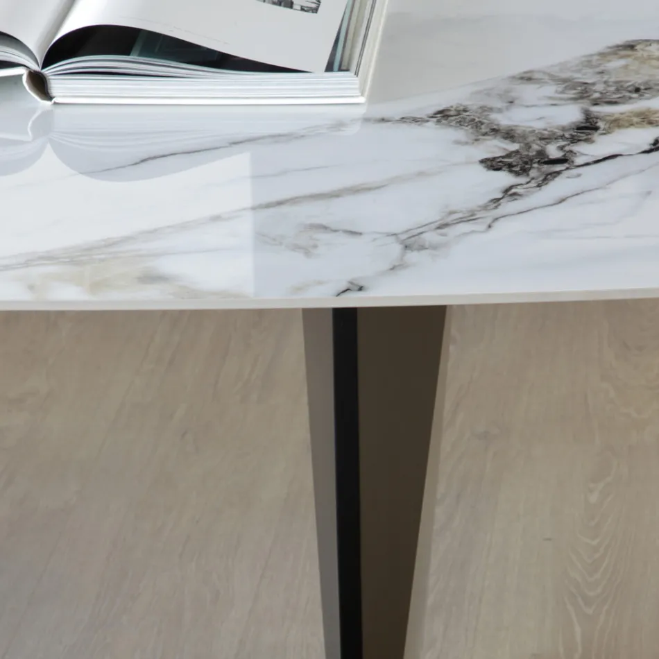 Table fixe en métal et plateau en céramique Arabesque brillant - Eronte Viadurini