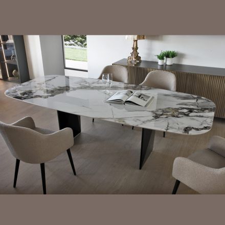 Table fixe en métal et plateau en céramique Arabesque brillant - Eronte Viadurini