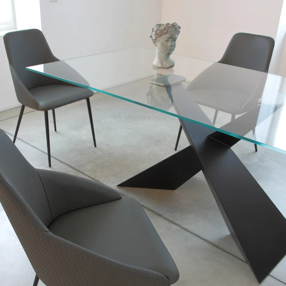 Table fixe en métal et plateau en verre trempé transparent - Talvoro Viadurini