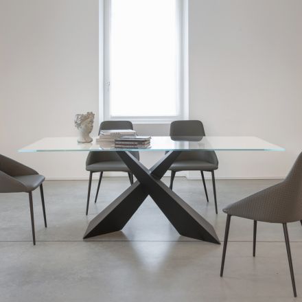 Table fixe en métal et plateau en verre trempé transparent - Talvoro Viadurini