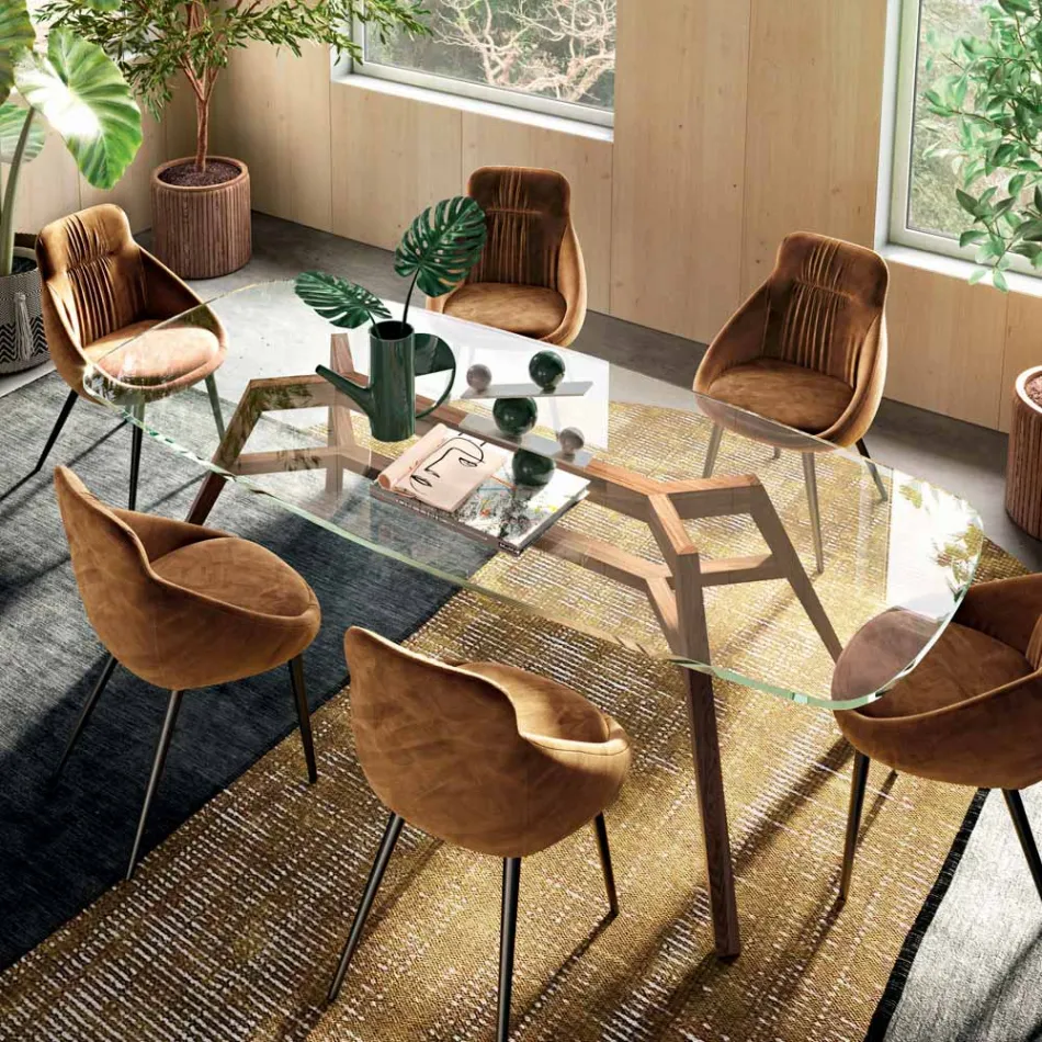 Table Fixe en Verre Extra-clair et Frêne Fabriquée en Italie - Nord Viadurini