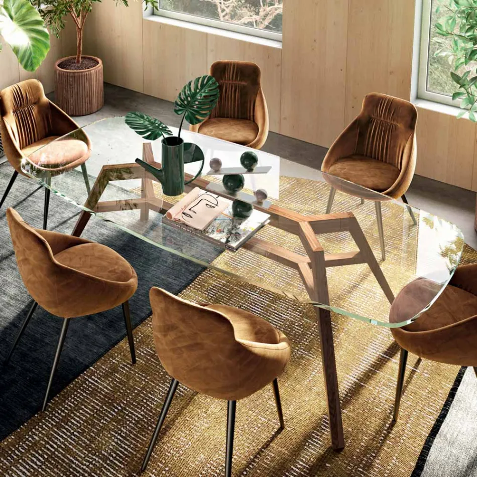 Table Fixe en Verre Extra-clair et Frêne Fabriquée en Italie - Nord Viadurini