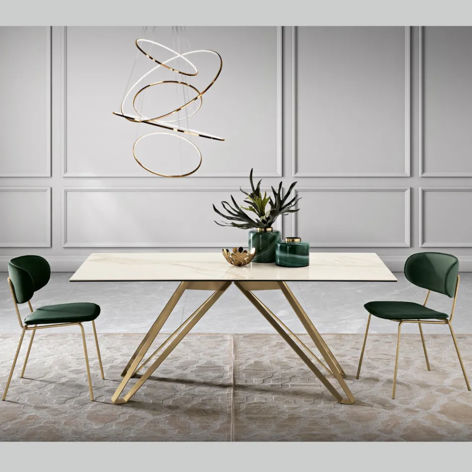Table fixe en vitrocéramique Calacatta Oro et métal Made in Italy - Meluso Viadurini