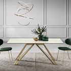 Table fixe en vitrocéramique Calacatta Oro et métal Made in Italy - Meluso Viadurini