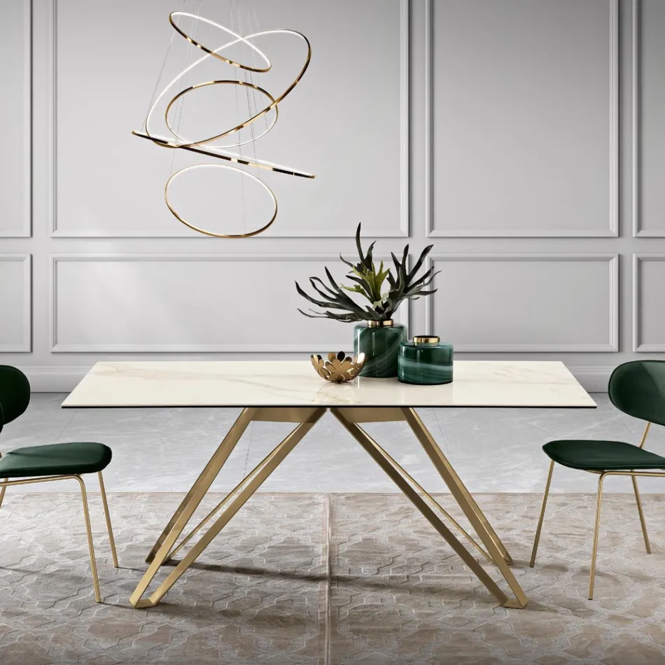Table fixe en vitrocéramique Calacatta Oro et métal Made in Italy - Meluso Viadurini