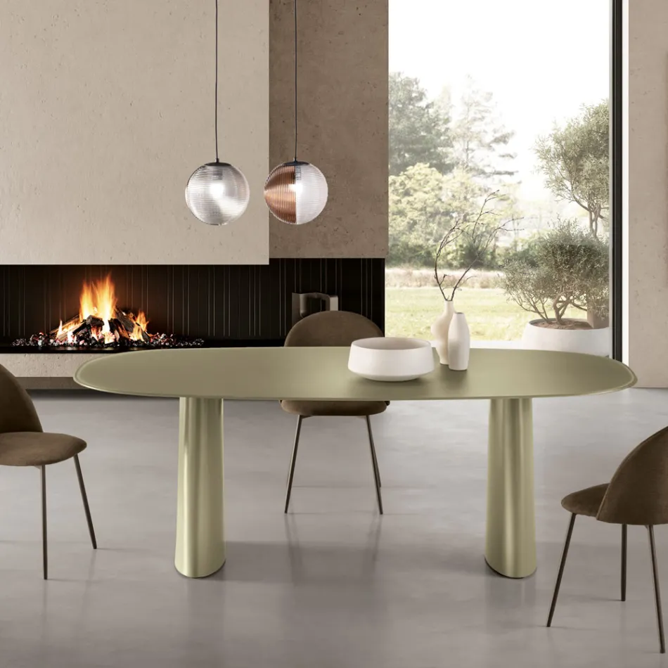 Table fixe pour dix personnes avec plateau en verre et piètement en MDF - Venia Viadurini