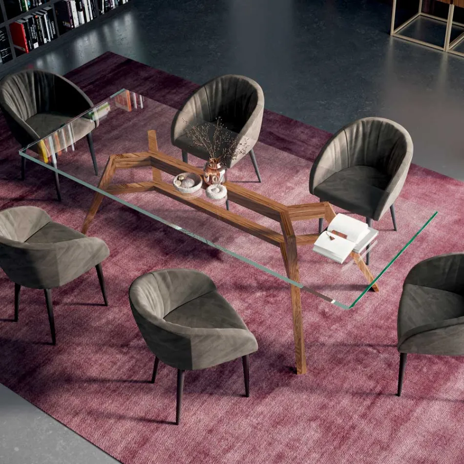 Table Rectangulaire Fixe en Verre Extra-clair et Frêne Fabriquée en Italie - Nord Viadurini