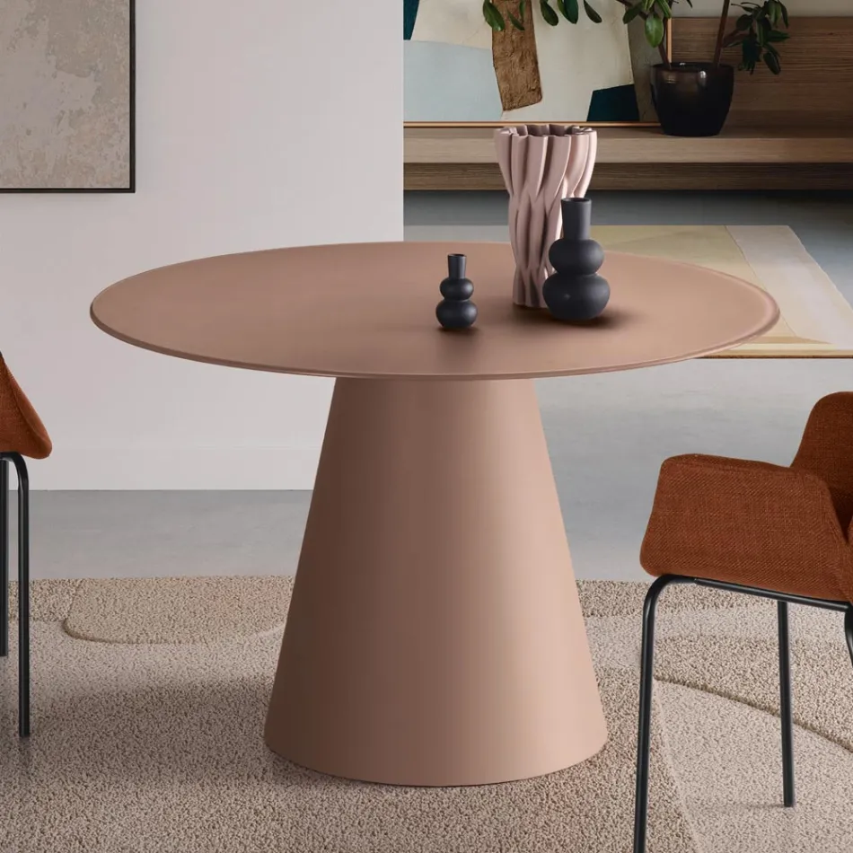 Table ronde fixe pour quatre personnes avec piètement en MDF et plateau en verre opaque - Lumen Viadurini