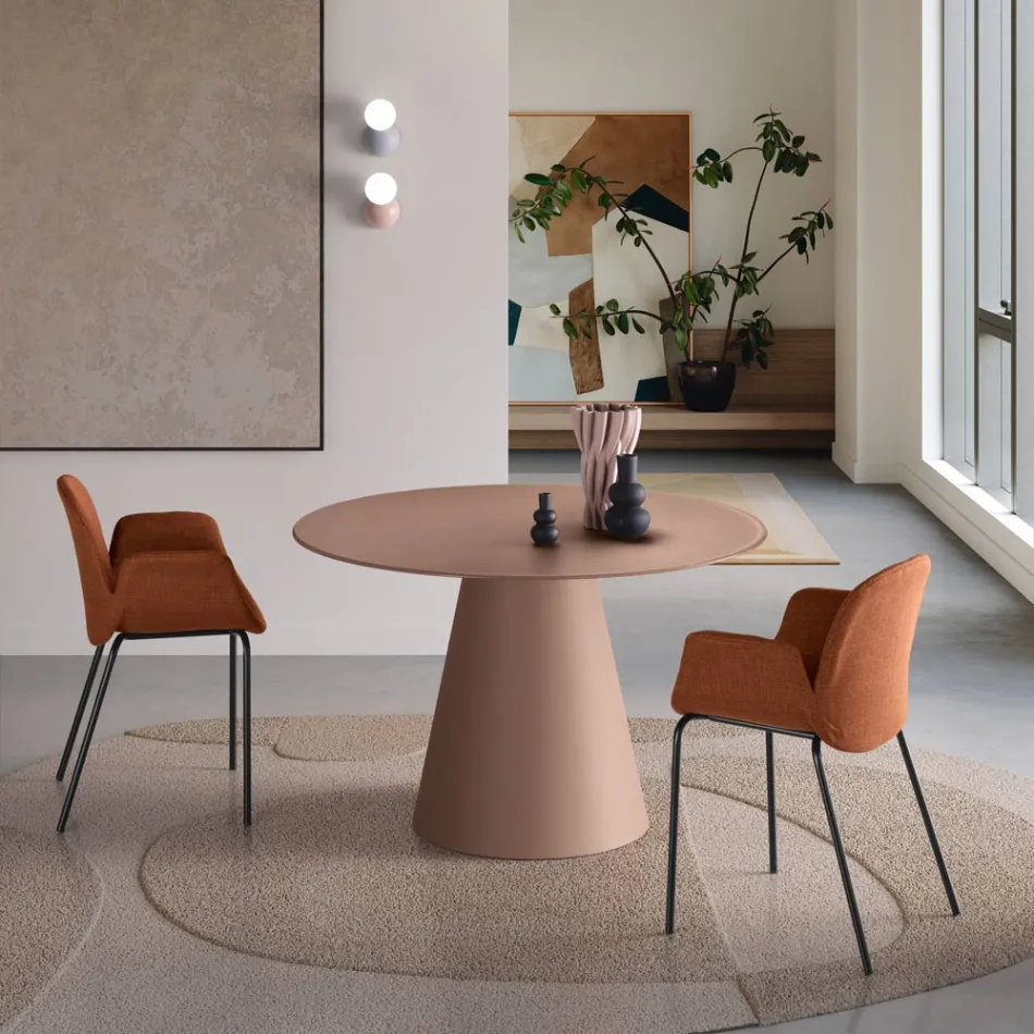 Table ronde fixe pour quatre personnes avec piètement en MDF et plateau en verre opaque - Lumen Viadurini