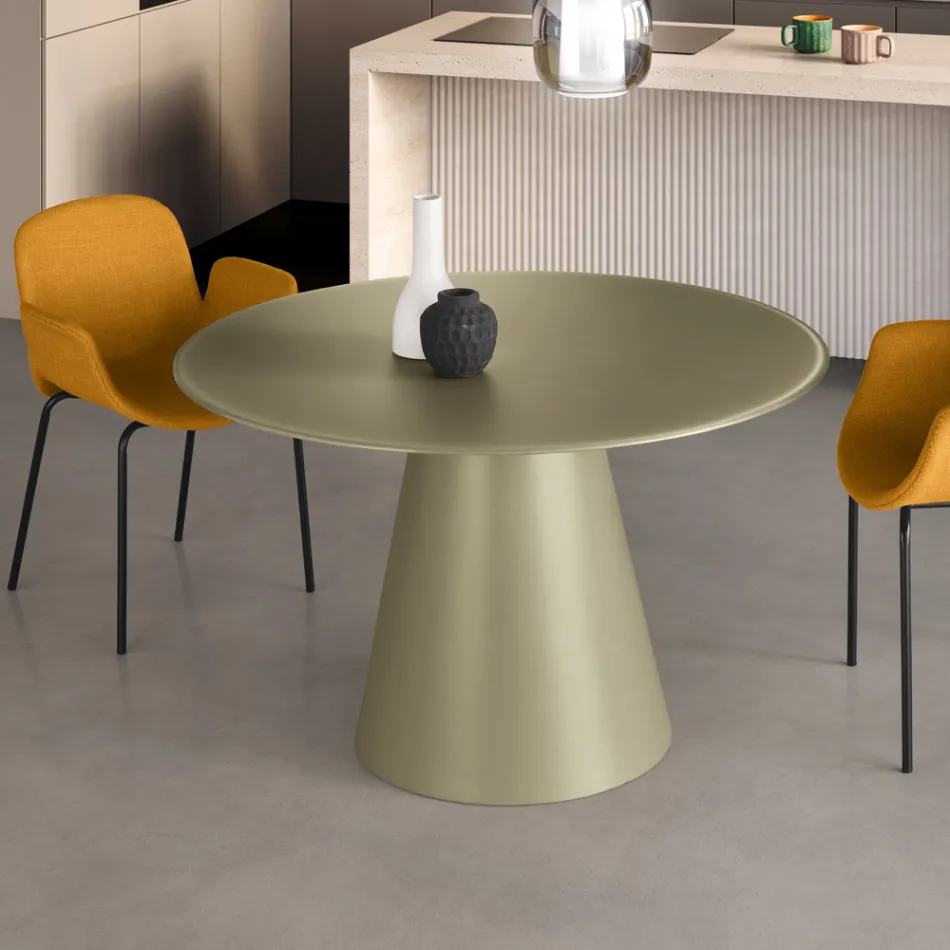 Table ronde fixe pour quatre personnes avec piètement en MDF et plateau en verre opaque - Lumen Viadurini