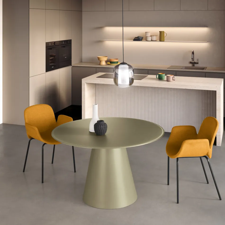 Table ronde fixe pour quatre personnes avec piètement en MDF et plateau en verre opaque - Lumen Viadurini