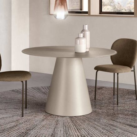 Table ronde fixe pour quatre personnes avec piètement en MDF et plateau en verre opaque - Lumen Viadurini