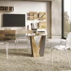 Table Living en Cristal avec Base en Bois et Métal Made in Italy - Dementor Viadurini