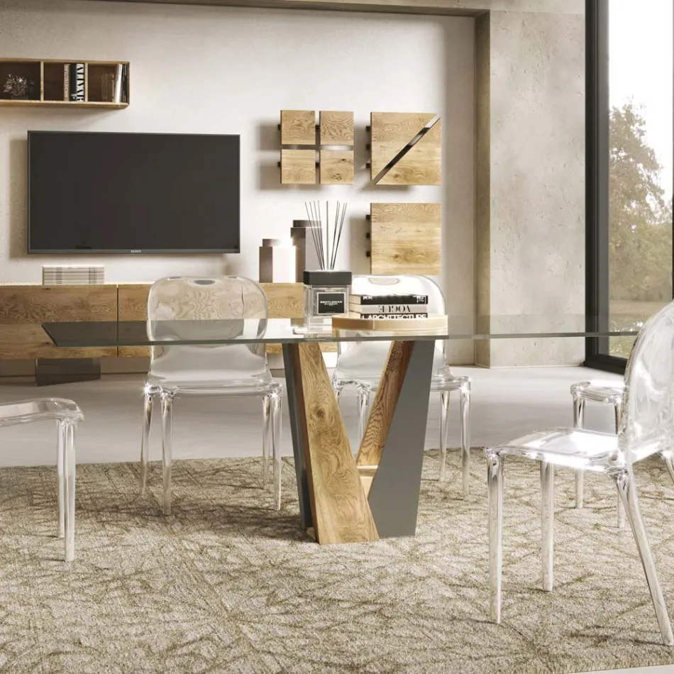 Table Living en Cristal avec Base en Bois et Métal Made in Italy - Dementor Viadurini