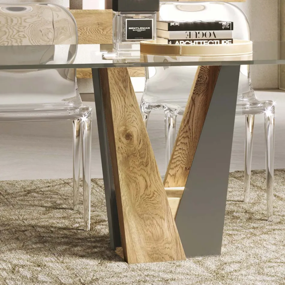 Table Living en Cristal avec Base en Bois et Métal Made in Italy - Dementor Viadurini