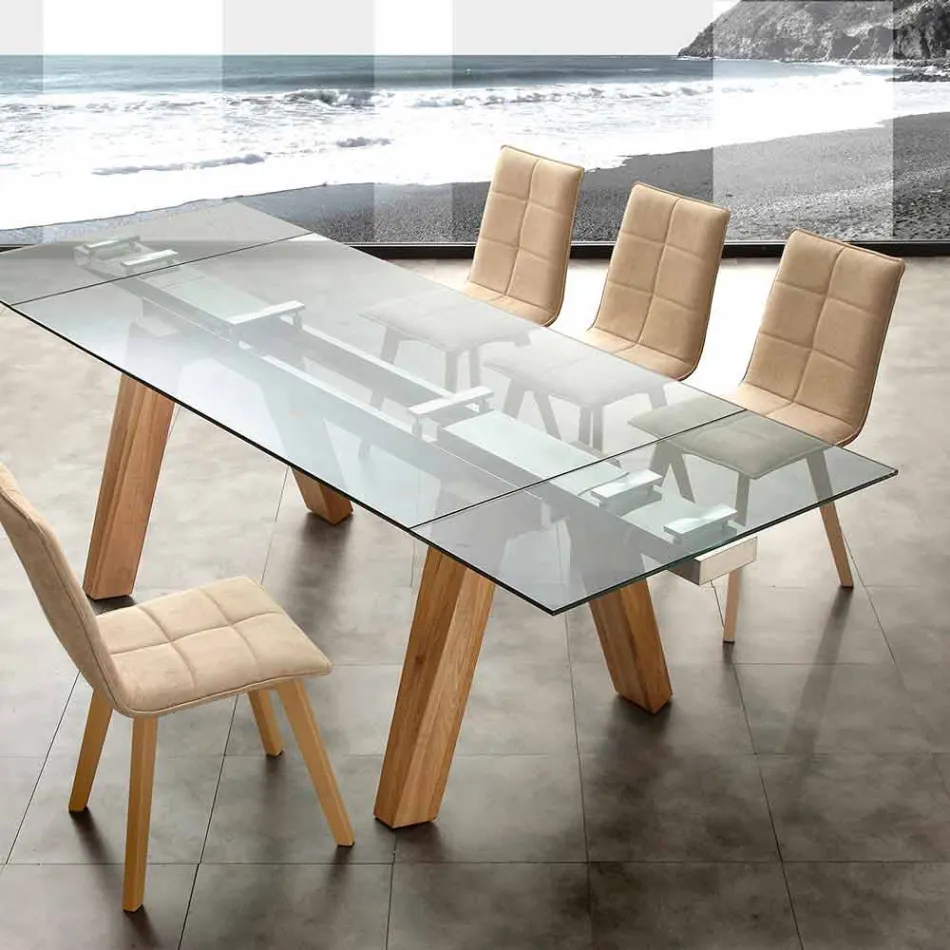 Table extensible moderne en verre et bois massif naturel Florida Viadurini