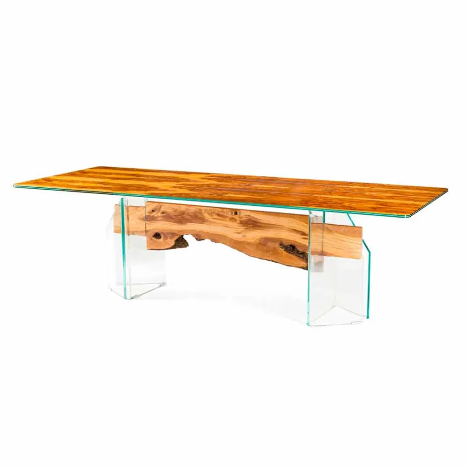 Moderne table en bois d'olivier et de verre rectangulaire Portofino Viadurini