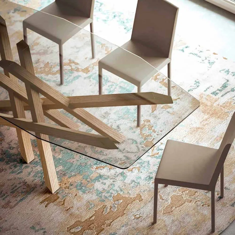 Table moderne en verre et chêne naturel produite en Italie Acciano Viadurini