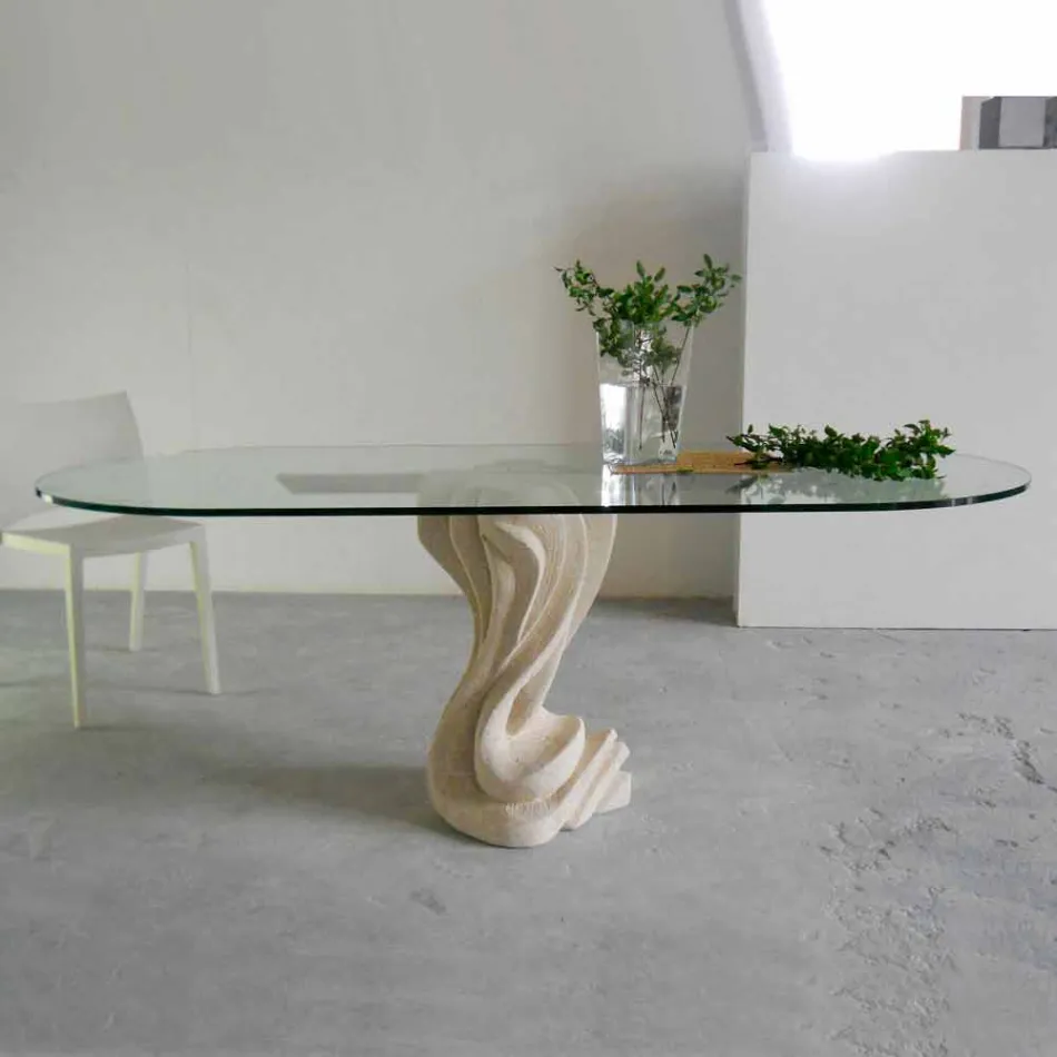Table ovale en pierre avec plateau en verre Agave design moderne Viadurini