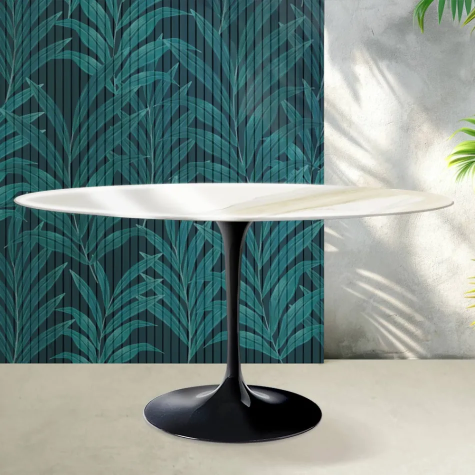 Table ovale Tulipe Saarinen H 74 cm en céramique brillante Florim Calacatta Gold - Écarlate Viadurini