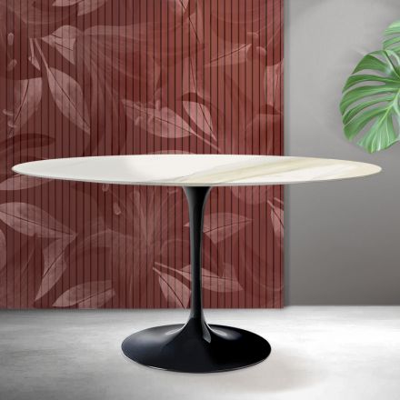 Table ovale Tulipe Saarinen H 74 cm en céramique mate Florim Calacatta Gold - Écarlate Viadurini