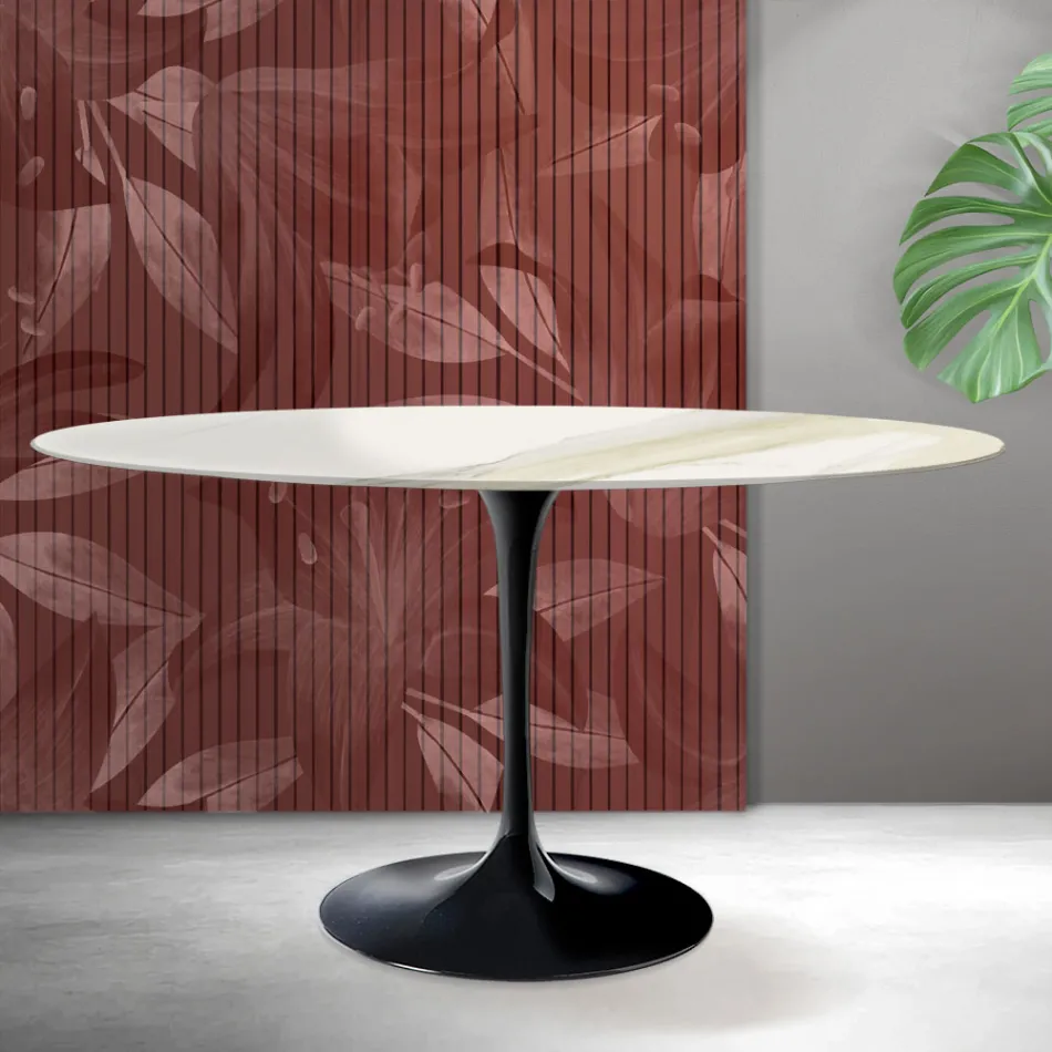 Table ovale Tulipe Saarinen H 74 cm en céramique mate Florim Calacatta Gold - Écarlate Viadurini