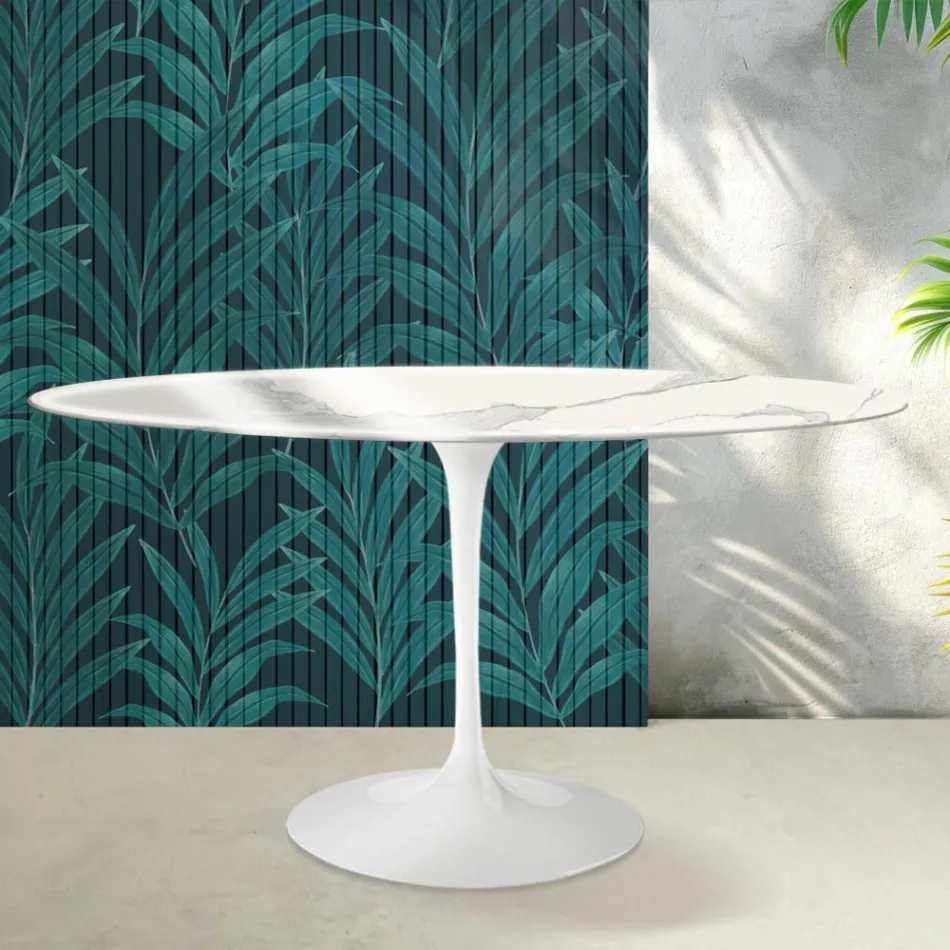 Table Ovale Tulipe Saarinen H 74 cm en Céramique Florim Statuario Lucido - Écarlate Viadurini