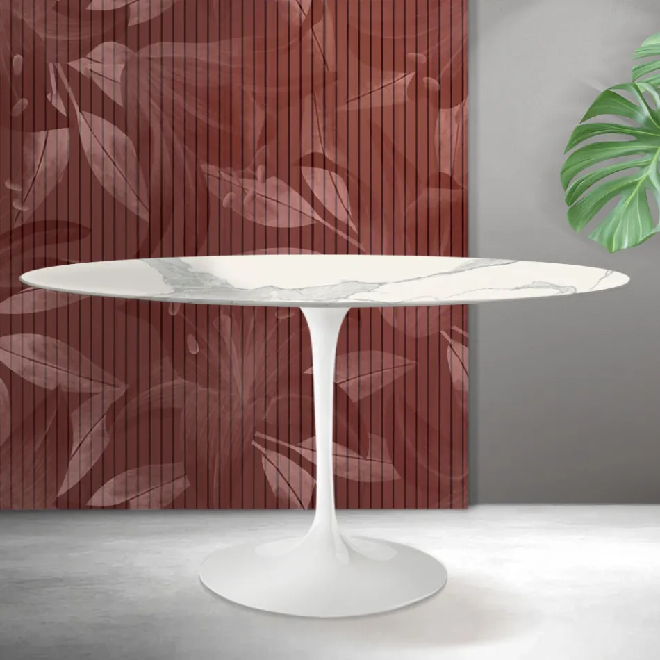 Table ovale Tulipe Saarinen H 74 cm en céramique mate Florim Statuario - Écarlate Viadurini