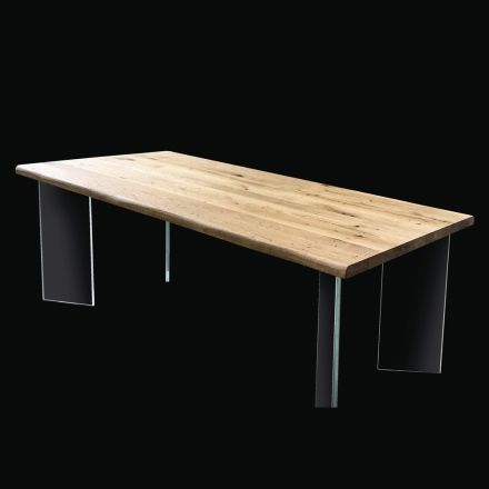 Table plaquée en chêne noué Masellato et cristal Made in Italy - Vicente Viadurini