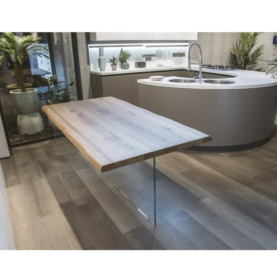 Table plaquée chêne massif et base en cristal Made in Italy - Noelia Viadurini