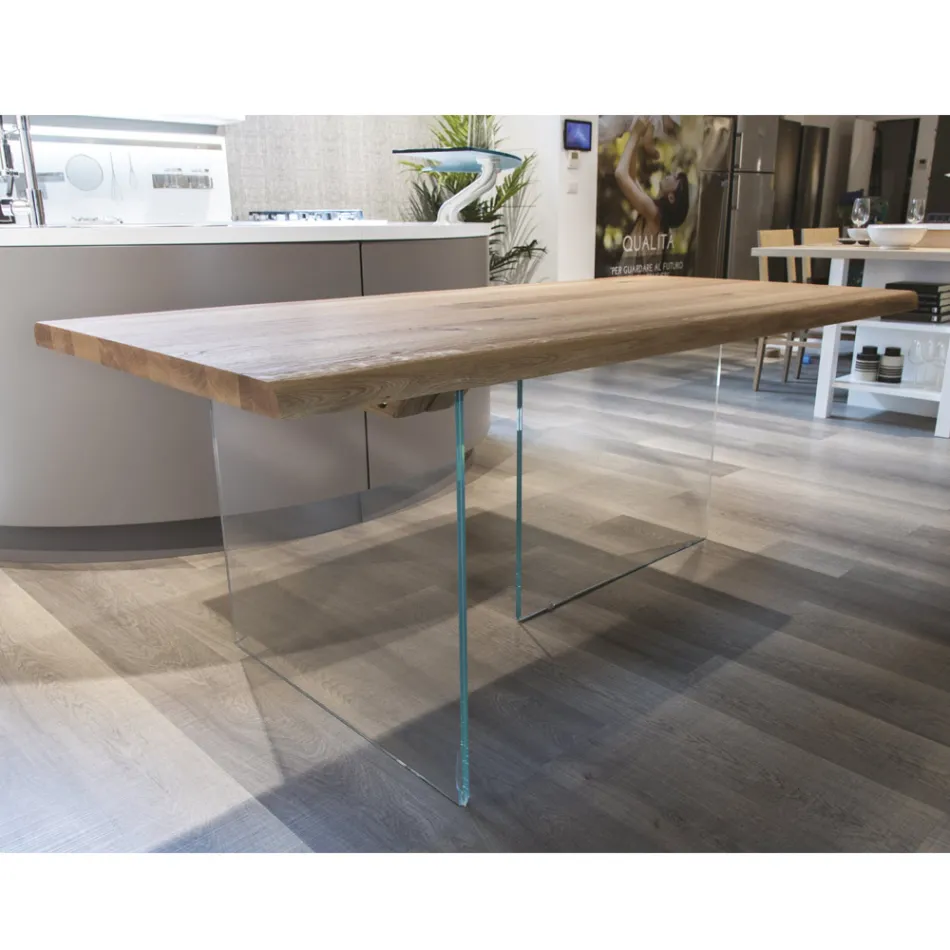 Table plaquée chêne massif et base en cristal Made in Italy - Noelia Viadurini