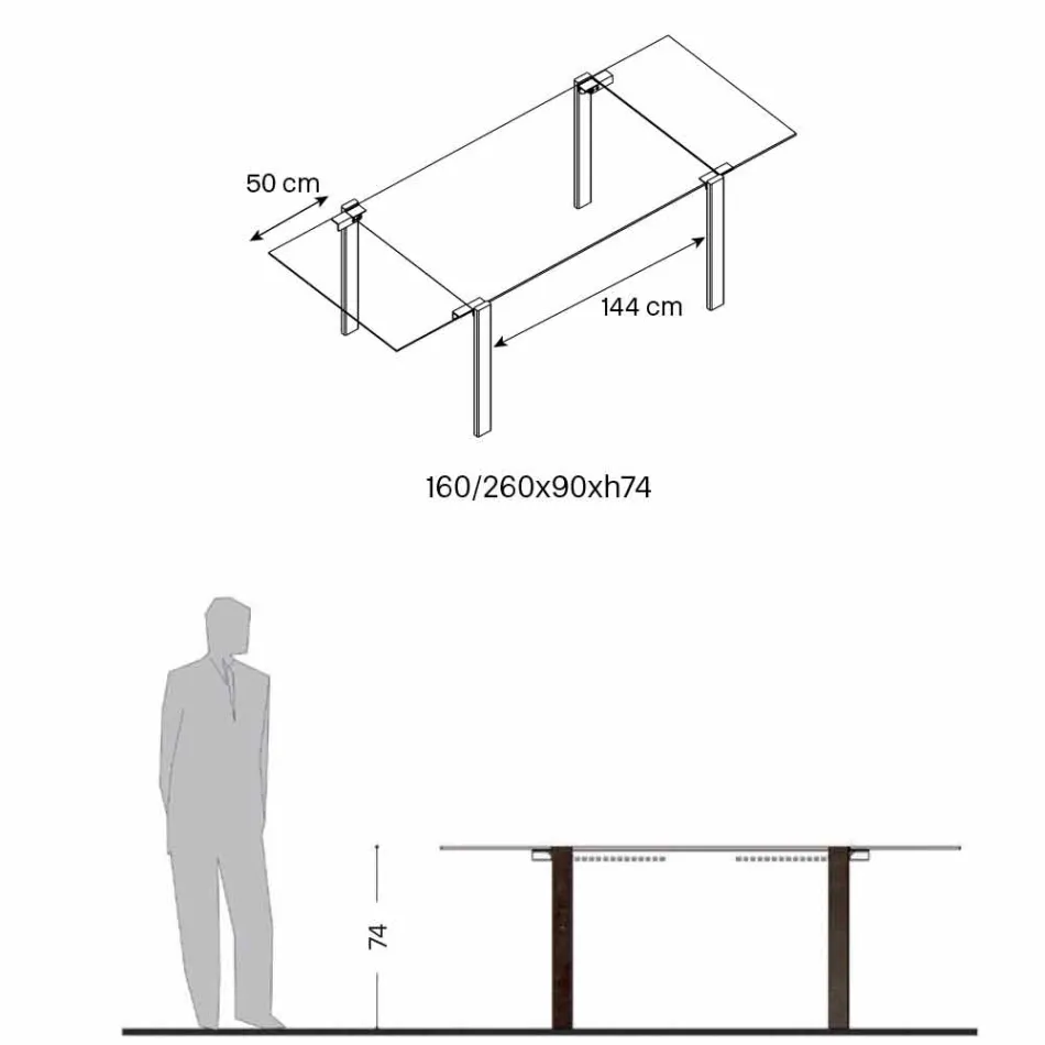 Table à manger extensible jusqu'à 280 cm avec plateau en verre Made in Italy - Melo Viadurini