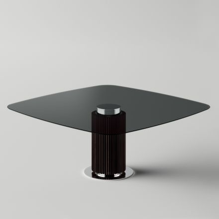 Table à manger avec plateau en verre carré et base en bois Made in Italy - Kuadro Viadurini