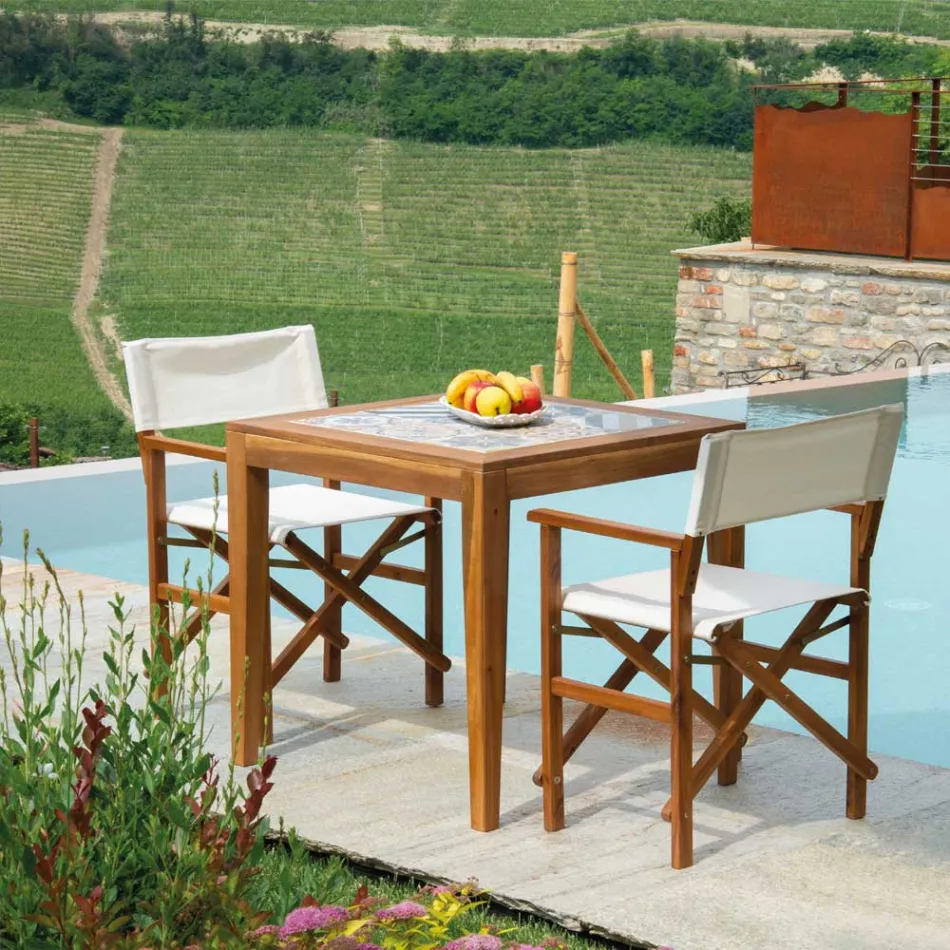 Table carrée en bois d'acacia et plateau en céramique - Technique Viadurini