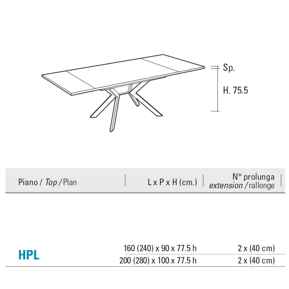 Table rectangulaire extensible jusqu'à 240 ou 280 cm en HPL et métal - Présent Viadurini
