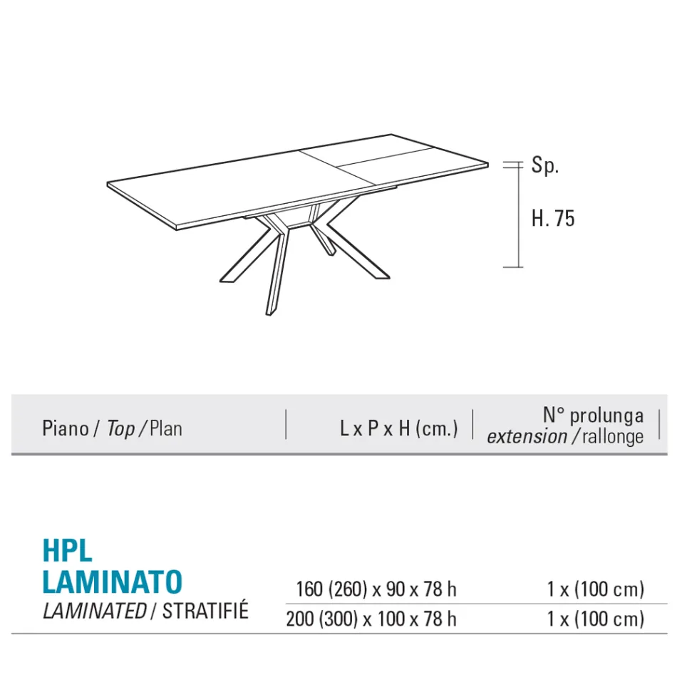 Table rectangulaire extensible jusqu'à 260 ou 300 cm en HPL et métal - Charmy Viadurini
