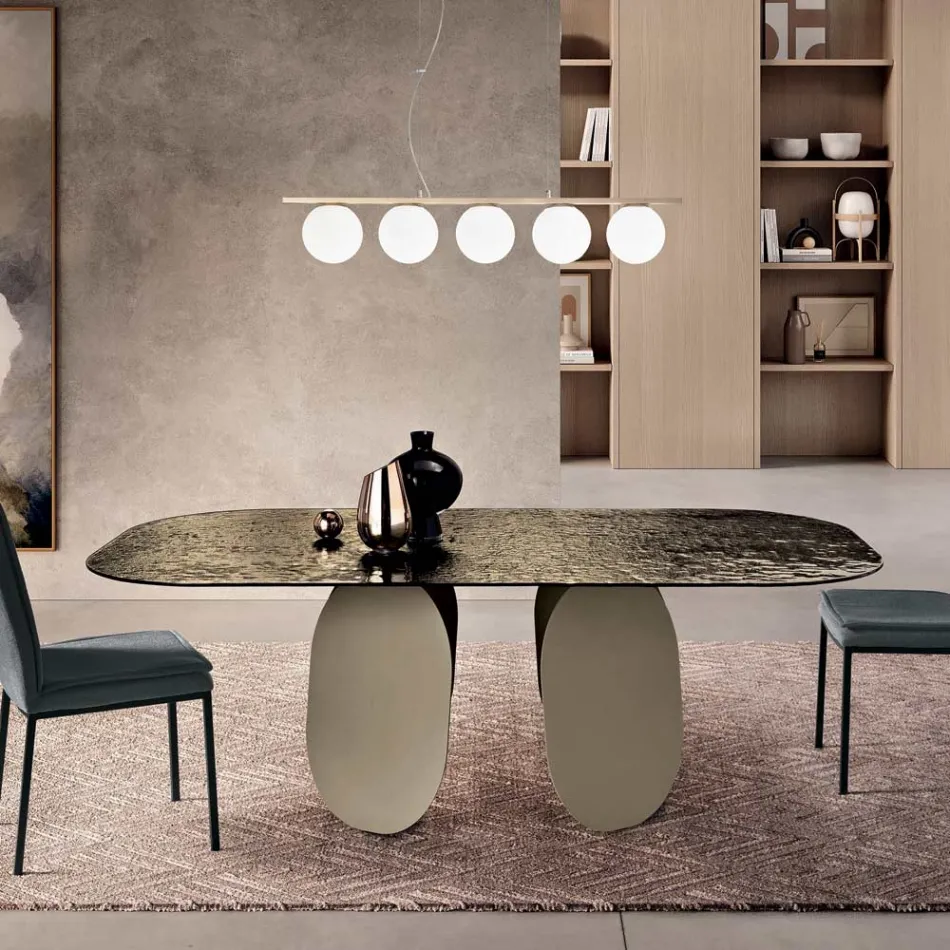 Table rectangulaire en verre martelé argenté, fabriquée en Italie - Almo Viadurini