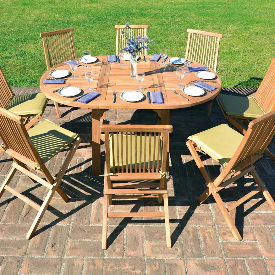 Table d'extérieur ronde extensible jusqu'à 170 cm en teck - Armonia Viadurini