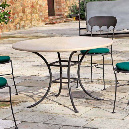 Table d'extérieur ronde avec plateau en travertin Made in Italy - Ecosse Viadurini