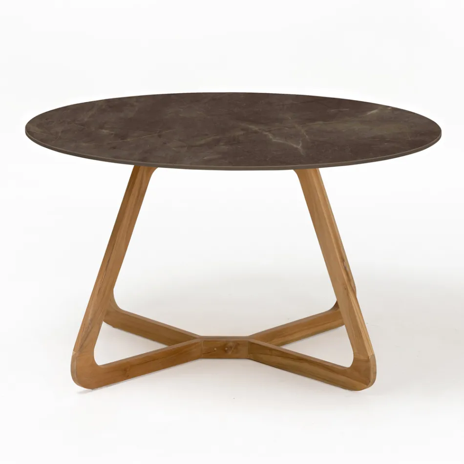 Table d'extérieur ronde en céramique marron Pulpis fabriquée en Italie - Pegaso Viadurini