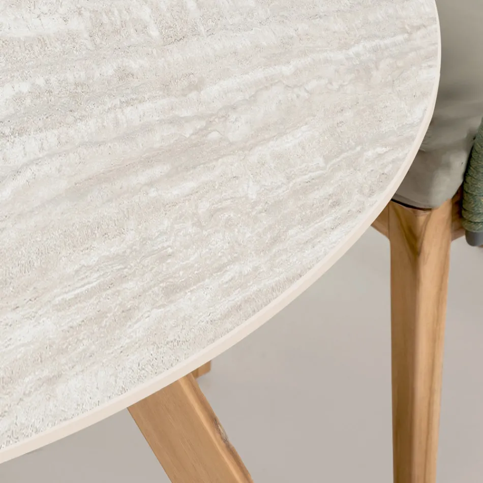 Table d'extérieur ronde en céramique travertin clair fabriquée en Italie - Pegaso Viadurini