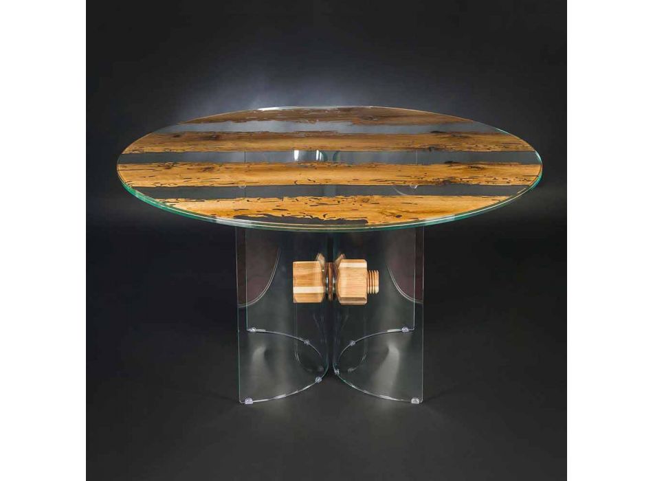 Table ronde de conception de verre vénitien et des dauphins en bois Viadurini