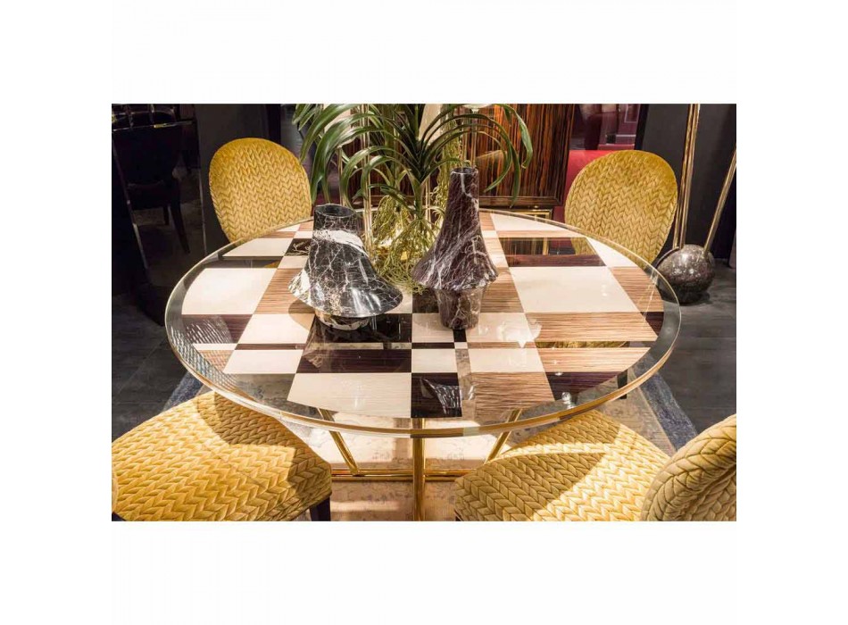 Modeno Table ronde avec plateau en verre et des incrustations de bois Ozzy Viadurini