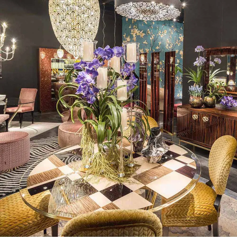 Modeno Table ronde avec plateau en verre et des incrustations de bois Ozzy Viadurini