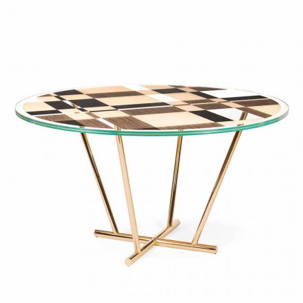 Modeno Table ronde avec plateau en verre et des incrustations de bois Ozzy Viadurini