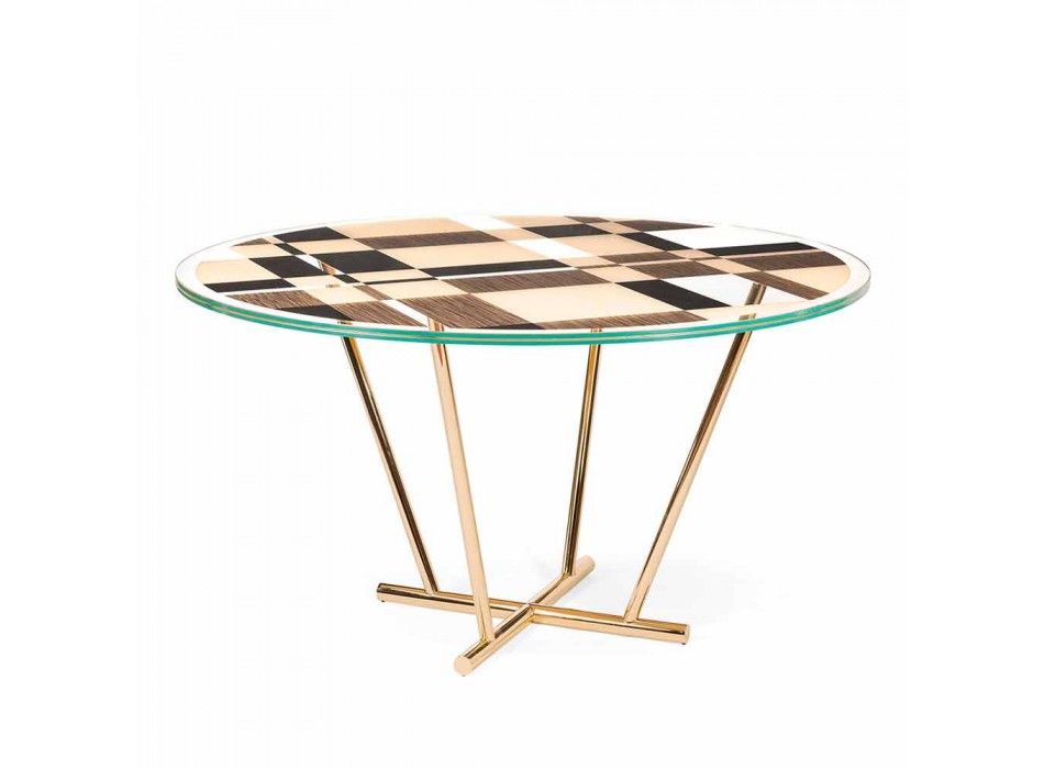 Modeno Table ronde avec plateau en verre et des incrustations de bois Ozzy Viadurini
