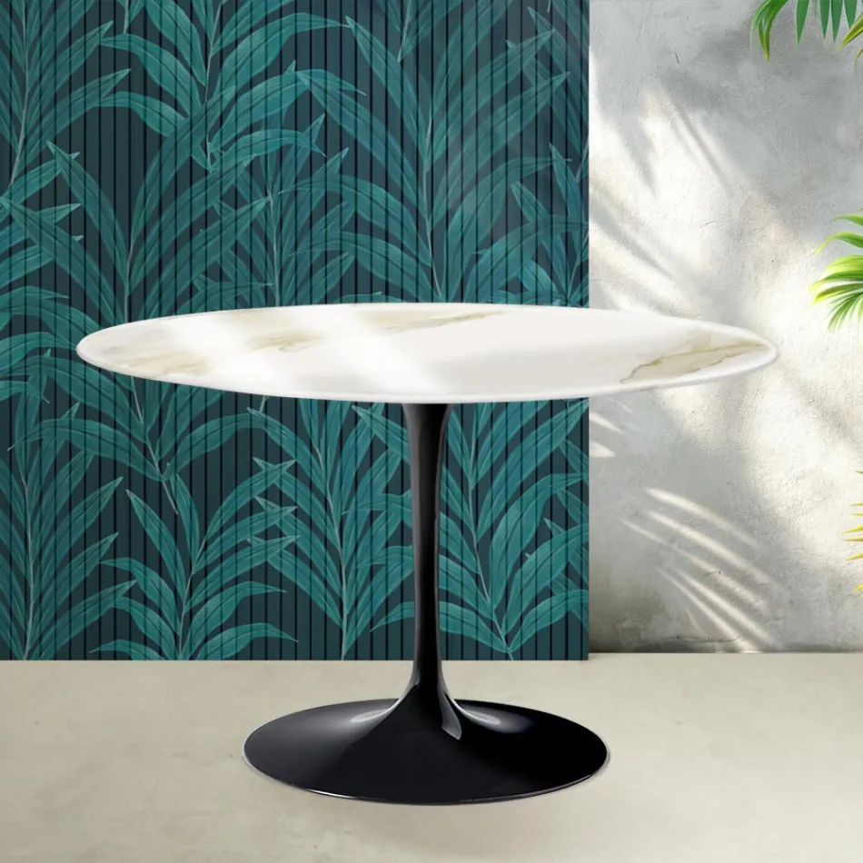 Table ronde Tulip de Saarinen, hauteur 74 cm, en céramique brillante dorée Florim Calacatta - Écarlate Viadurini