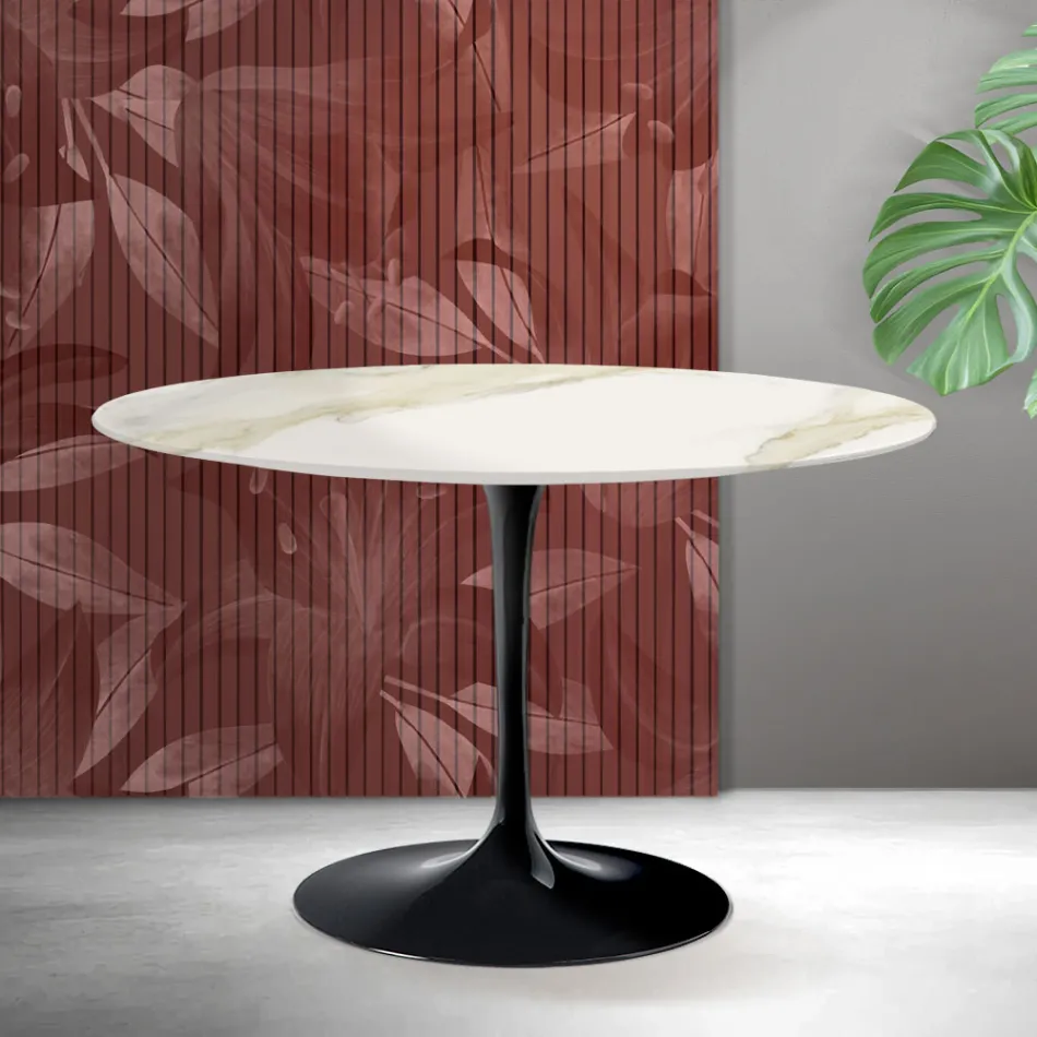 Table ronde Tulip de Saarinen, hauteur 74 cm, en céramique mate Florim Calacatta Gold - Écarlate Viadurini